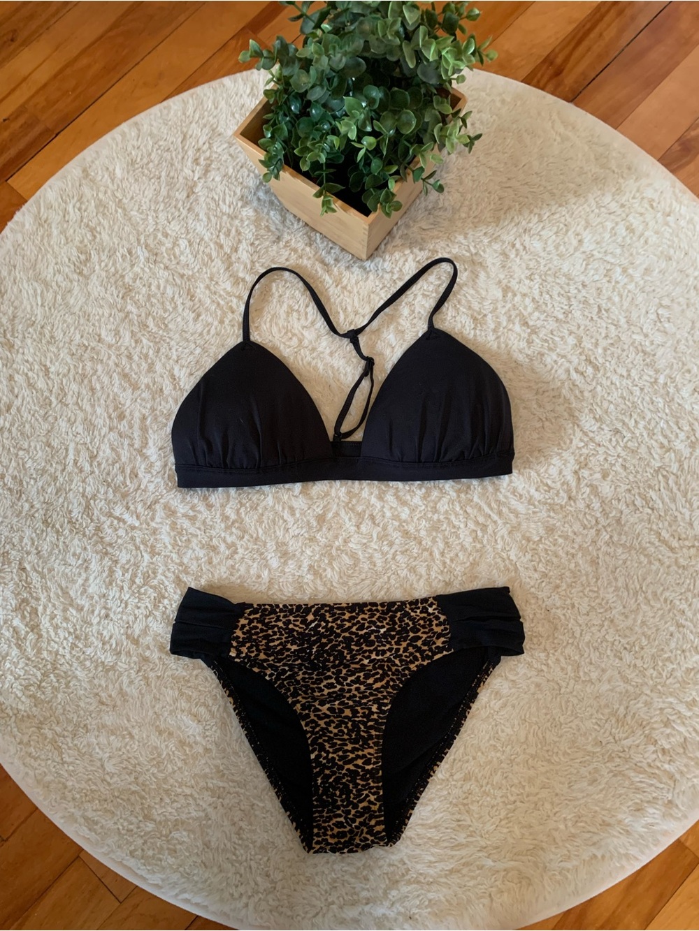 Black Triangle Bikini Top and Leopard Print Waist Bottoms
